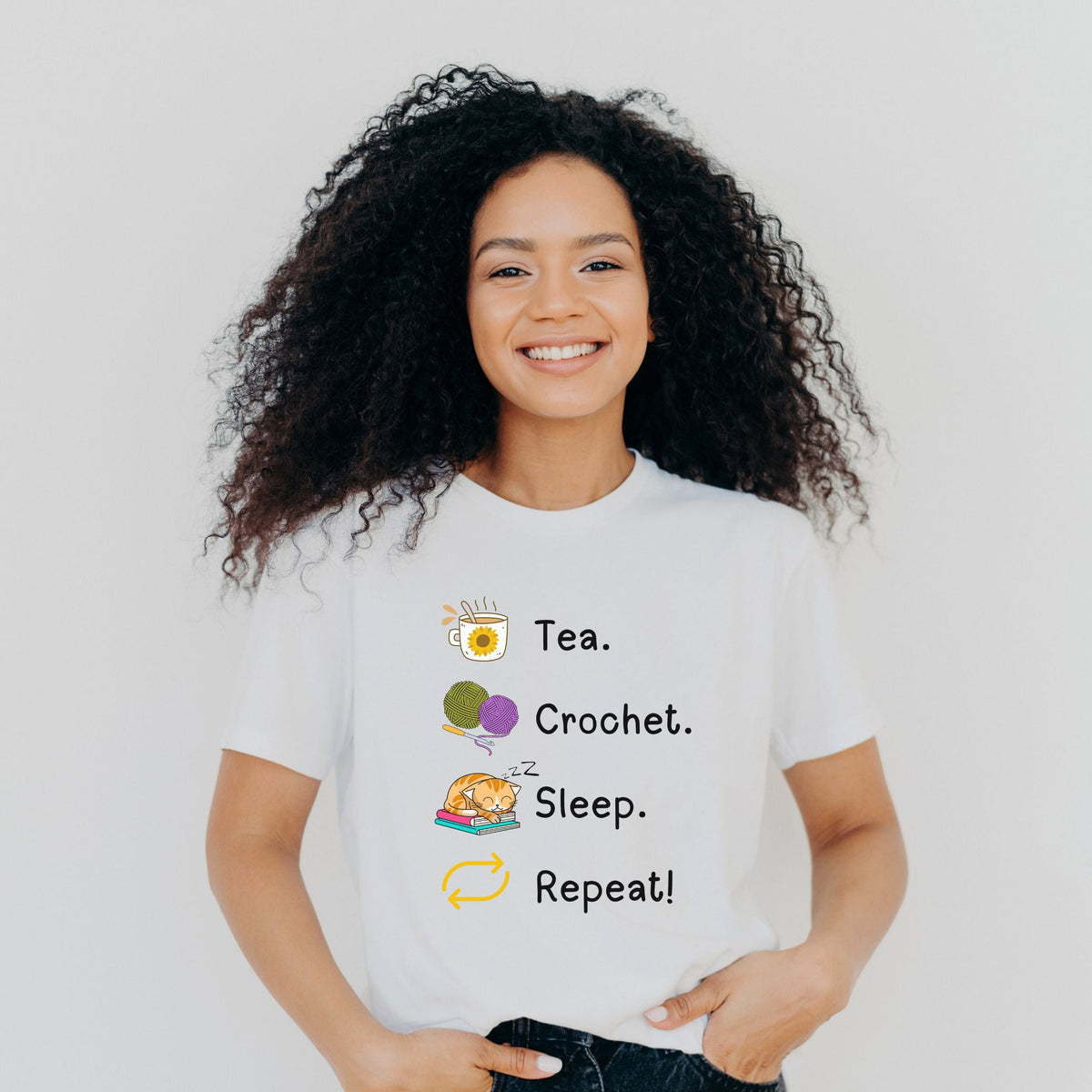 Tea. Crochet. Sleep. Repeat! Colourful Fitted T-shirt by Brunaticality