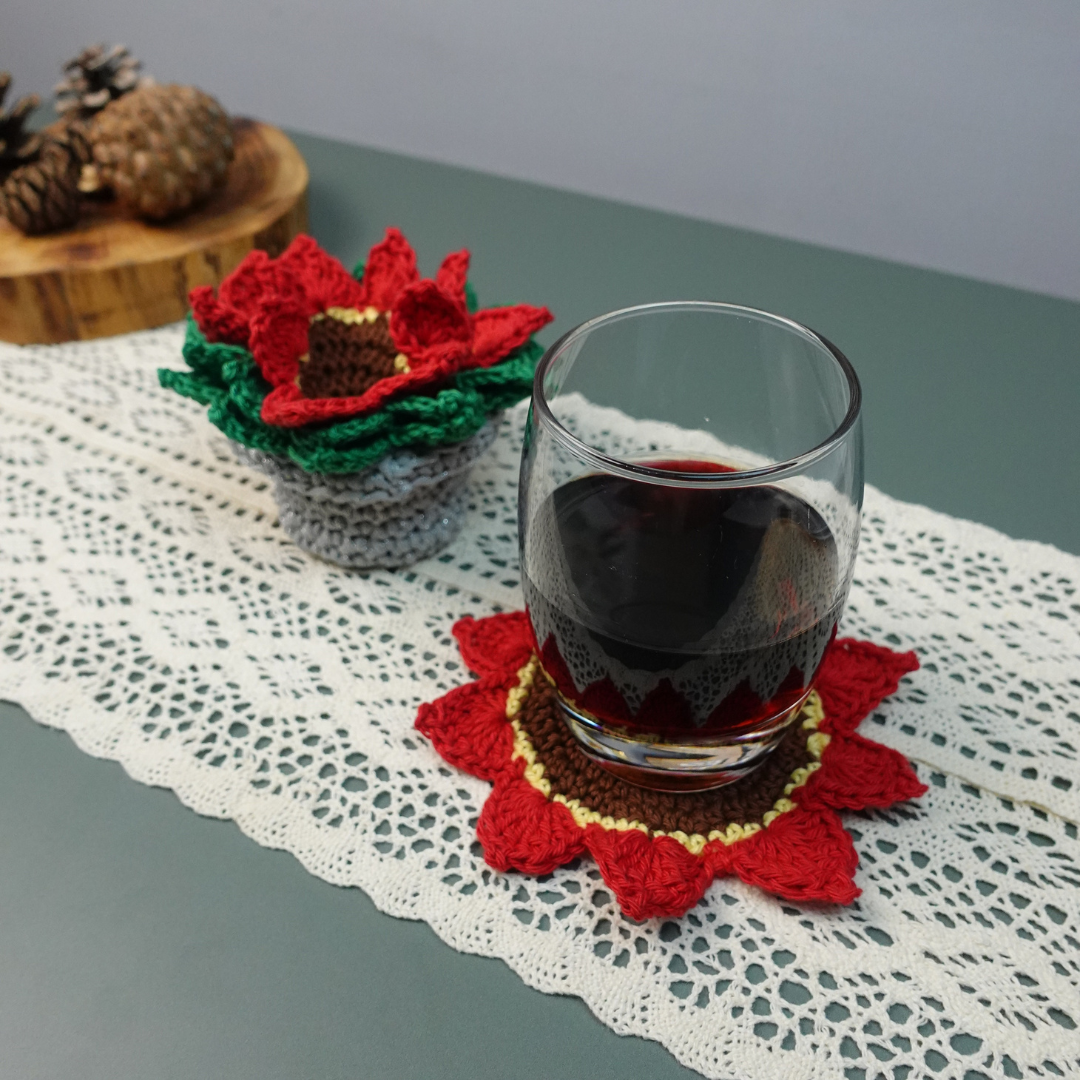 Crochet Poinsettia Flower Pot Coaster Set Written Pattern, Brunaticality