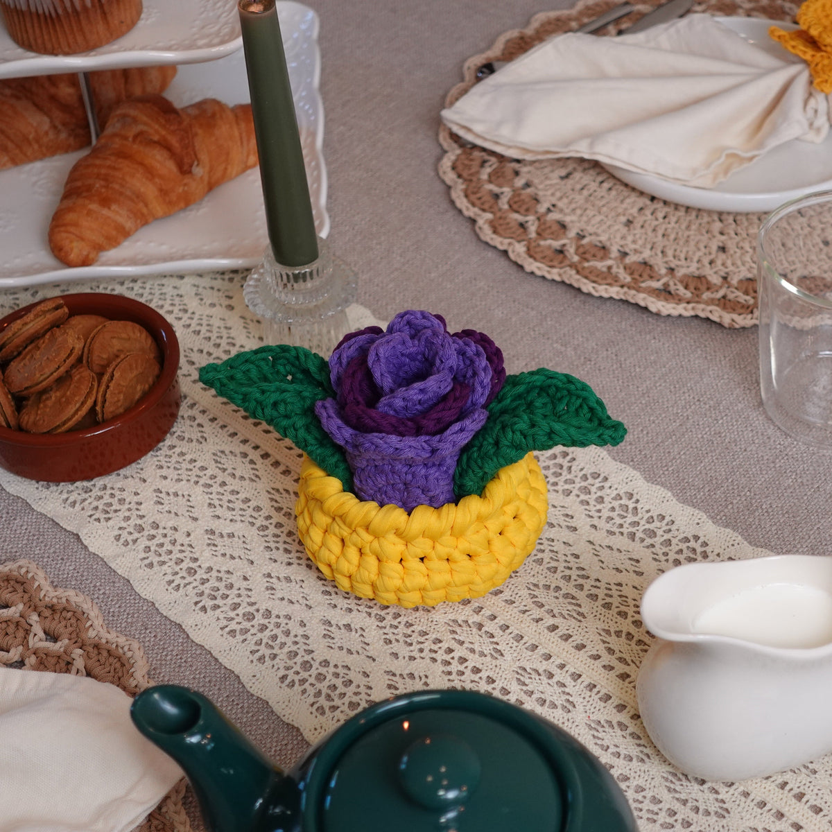 Crochet Tulip Flower Pot Coaster Set Written Pattern, flower crochet coaster, crochet flower pot coaster pattern, Brunaticality
