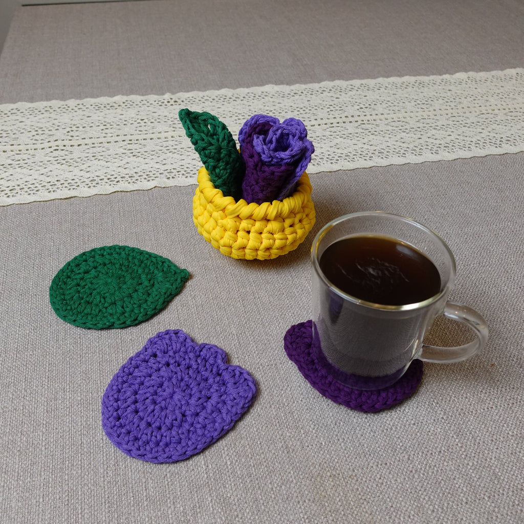 Crochet Tulip Flower Pot Coaster Set Written Pattern, flower crochet coaster, crochet flower pot coaster pattern, Brunaticality