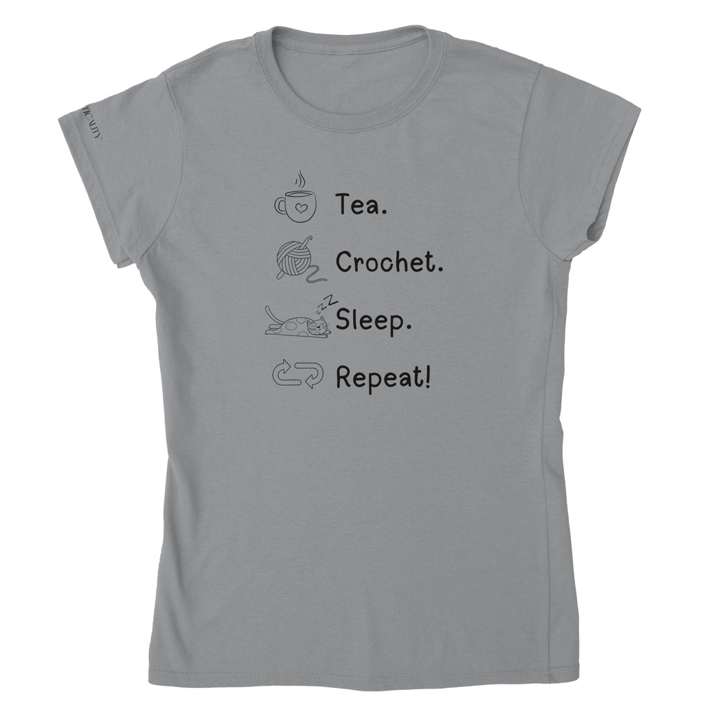 Tea. Crochet. Sleep. Repeat! Colourful Fitted T-shirt by Brunaticality